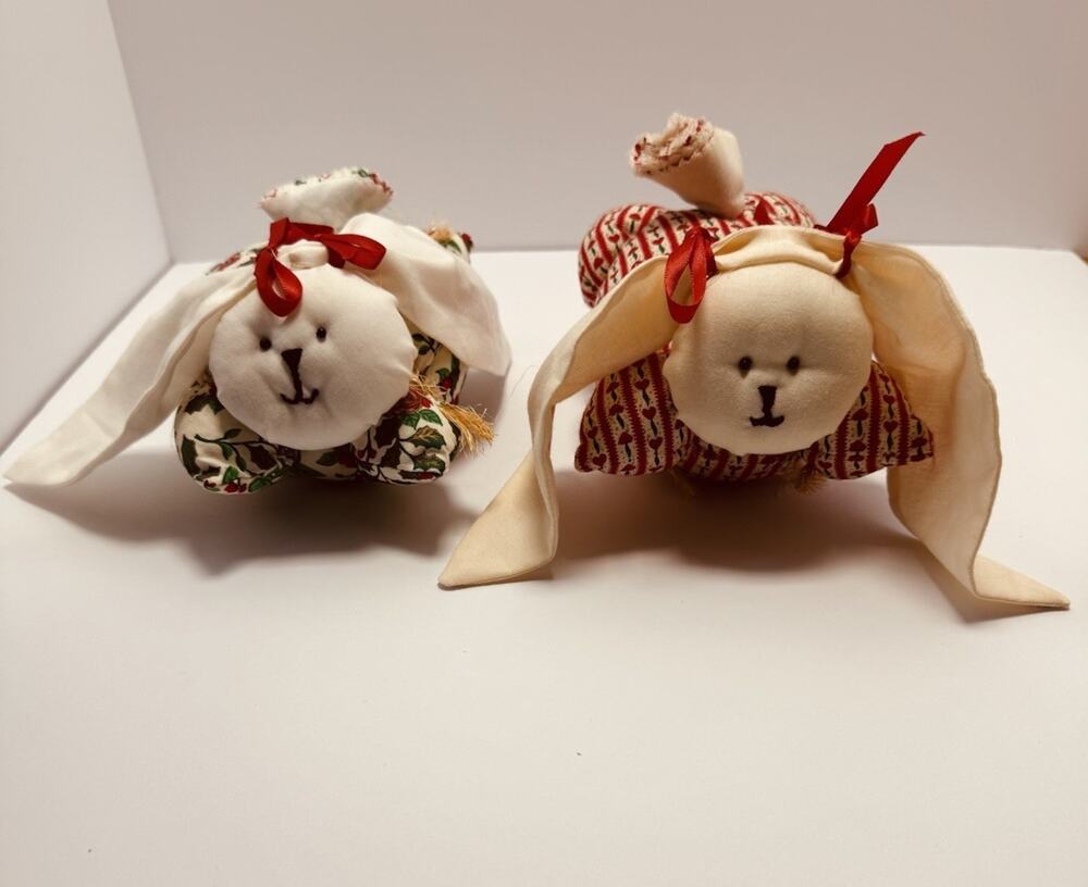 Vintage Handmade Fabric Rabbit Pair Christmas Valentine Stuffed Folk Art Decor